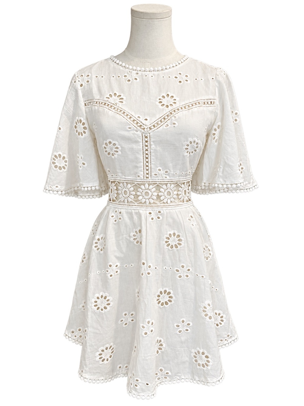 Saints + Secrets White Eyelet Cotton Open Back Mini Dress Size S